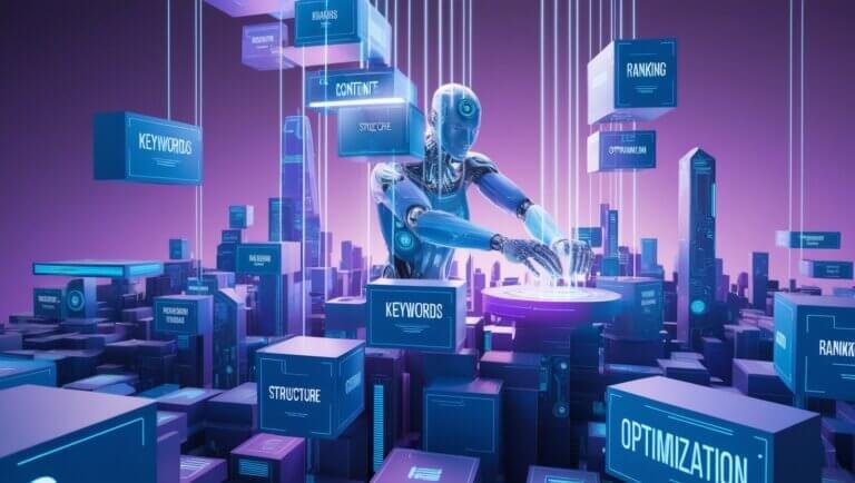 L'image représente une IA en train de construire un contenu SEO avec toutes les techniques existantes pour bien se positionner sur les moteurs de recherches. SPE Communication, agence digitale à Aix-en-Provence