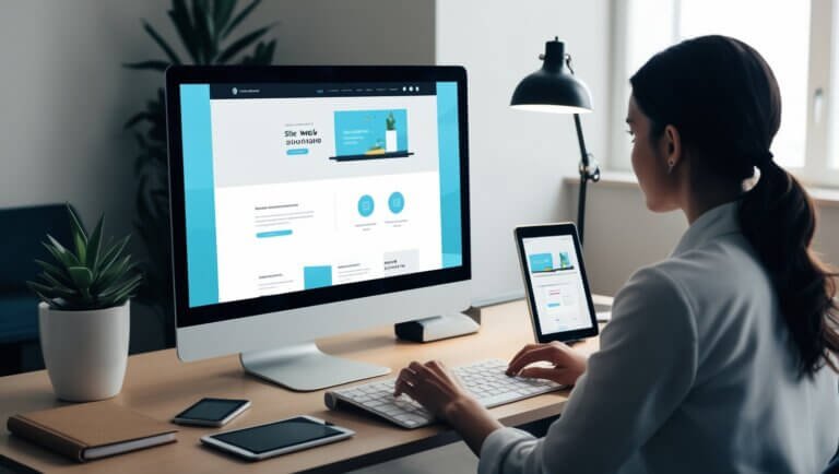 Une collaboratrice de SPE Communication, agence digitale à Aix-en-Provence, en train de créer un site web efficace suivant les 6 piliers recommandés par la profession.